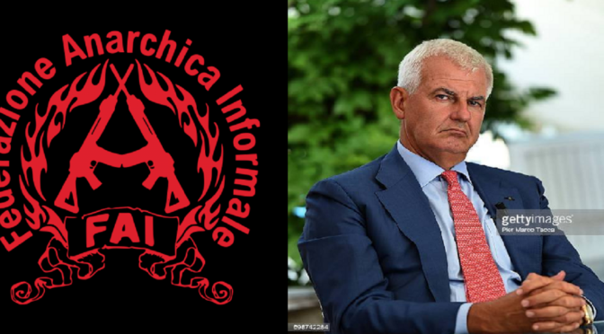Rzym, Włochy: Komunikat „Nieformalnej Brygady Anarchistycznej Augusto Masetti* / Międzynarodowego Frontu Rewolucyjnego” po przesłaniu wybuchowej przesyłki do Alessandro Profumo, szefa państwowej firmy zbrojeniowej „Leonardo”.